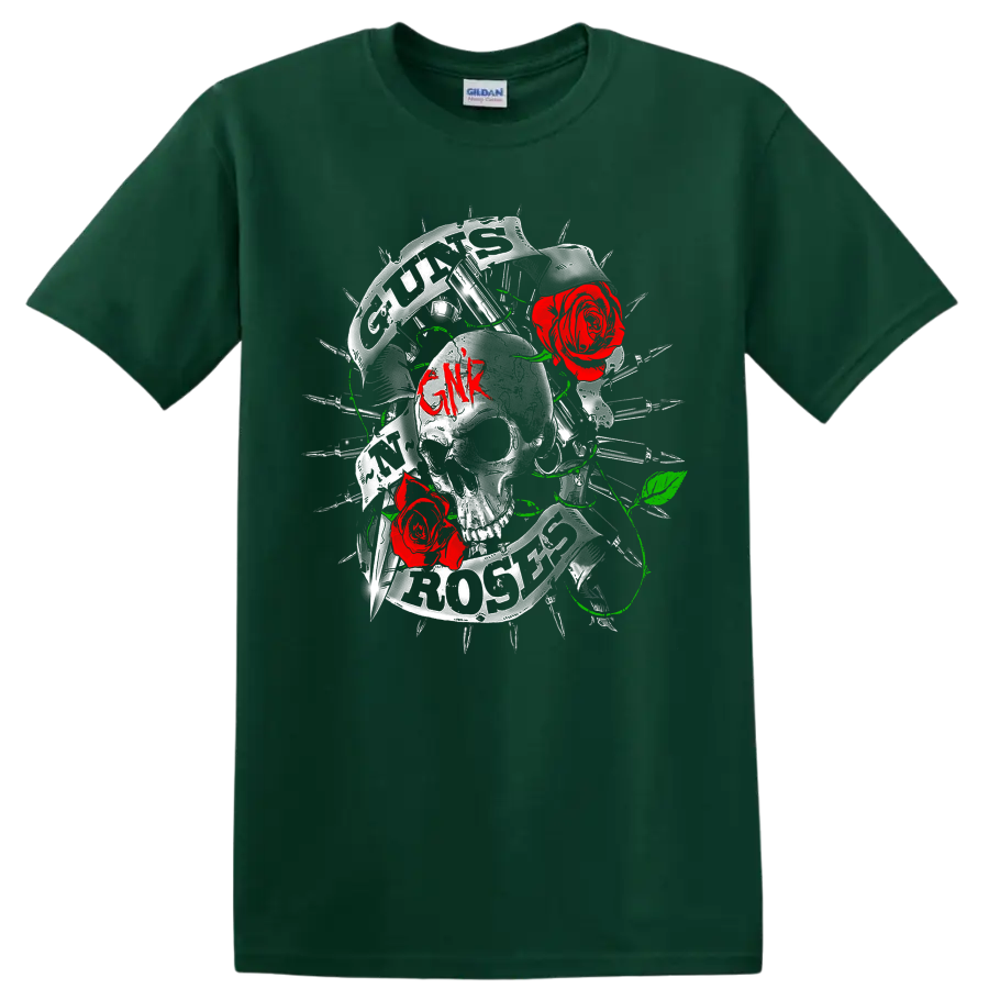 Guns N' Roses skull graphic with red roses, barbed wire, green vines, and GNR lettering on a Forest Green T Shirt