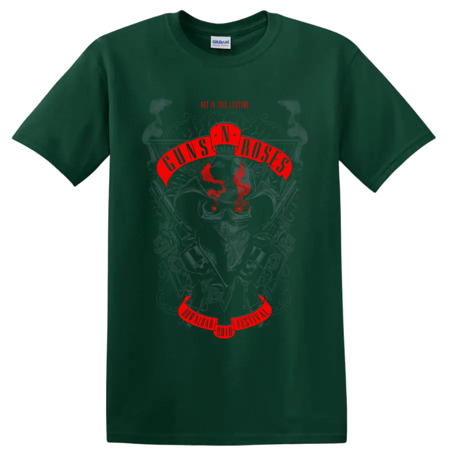 Guns N' Roses tribute poster graphic with skull, roses, pistols, and red banners on a Forest Green T Shirt