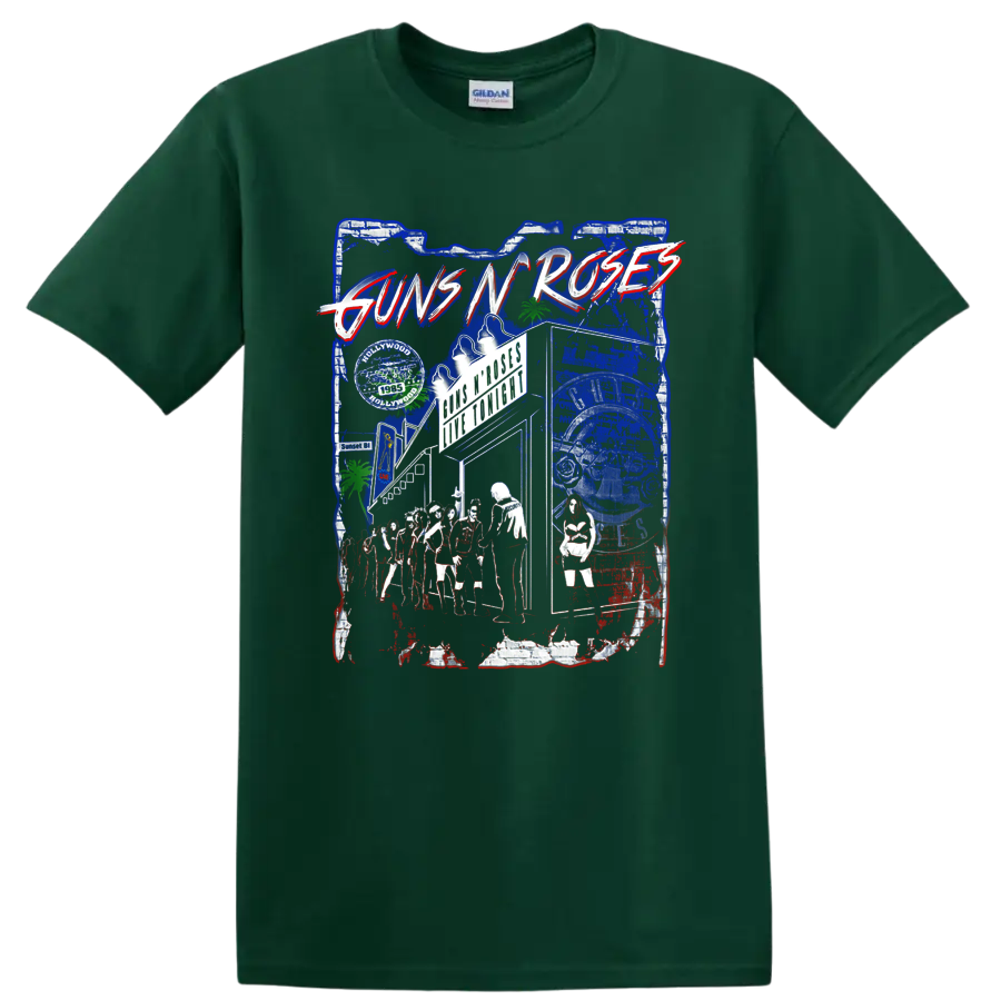 Guns N' Roses distressed Sunset Boulevard Hollywood rock collage graphic on a Forest Green T Shirt