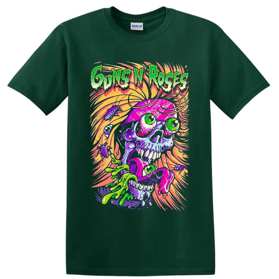 Guns N' Roses neon psychedelic skull with slime, eyeballs, insects, and swirling flames on a Forest Green T Shirt