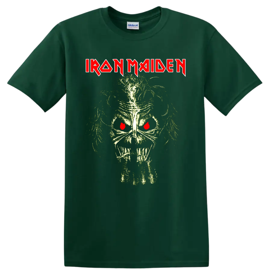 Iron Maiden logo above distressed Eddie skeletal skull with red eyes on a Forest Green T Shirt