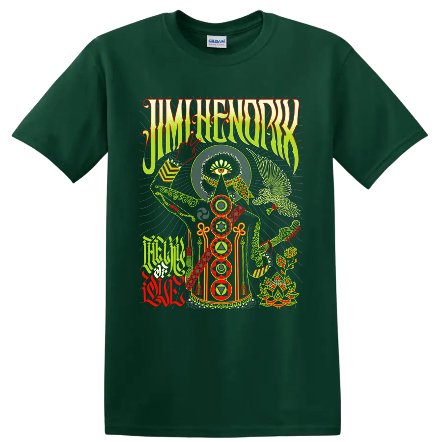Jimi Hendrix The Cry of Love psychedelic graphic with eye, guitar, bird, and chakra on a Forest Green T Shirt
