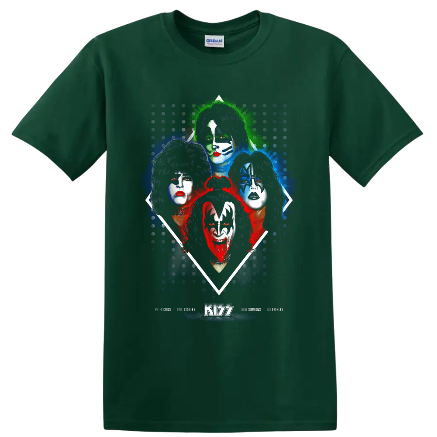 KISS original lineup portraits in face paint with colorful splatter and KISS logo on a Forest Green T Shirt