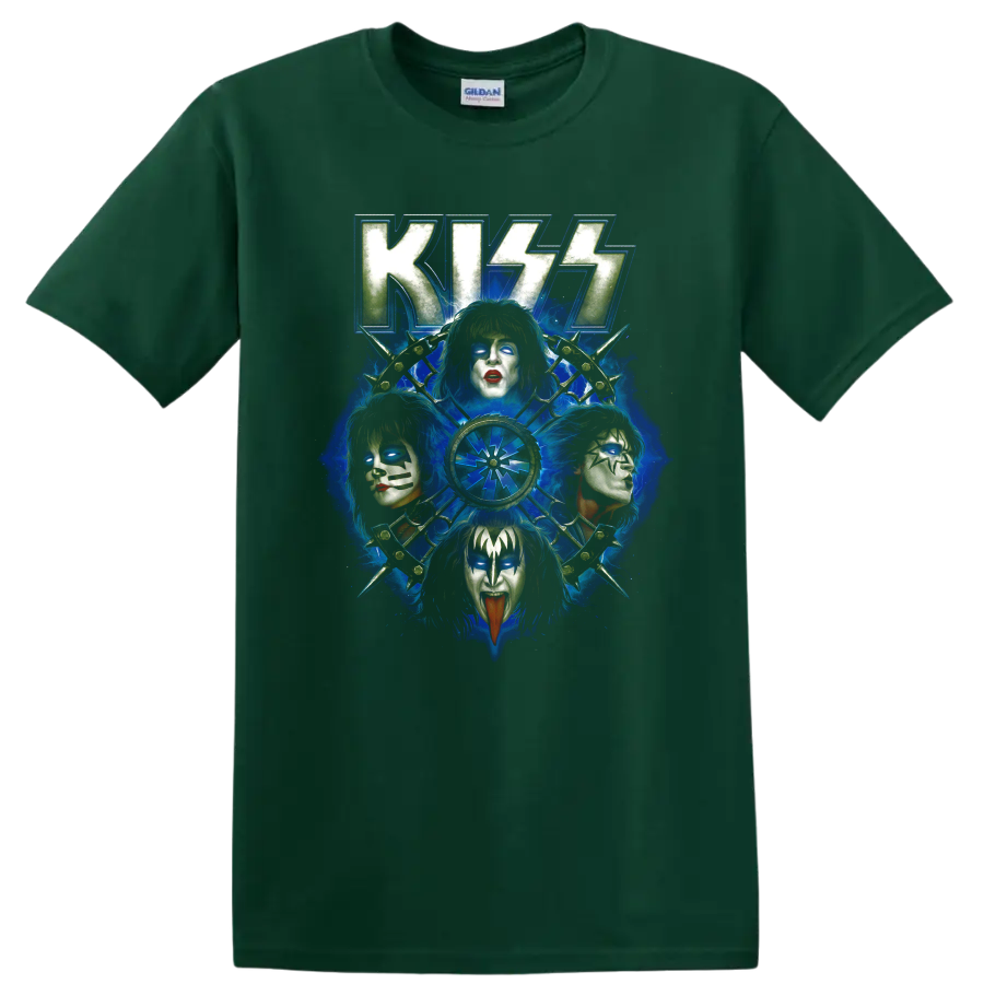 KISS Rock and Roll Over blue collage with four stage-painted faces and radial emblem on a Forest Green T Shirt