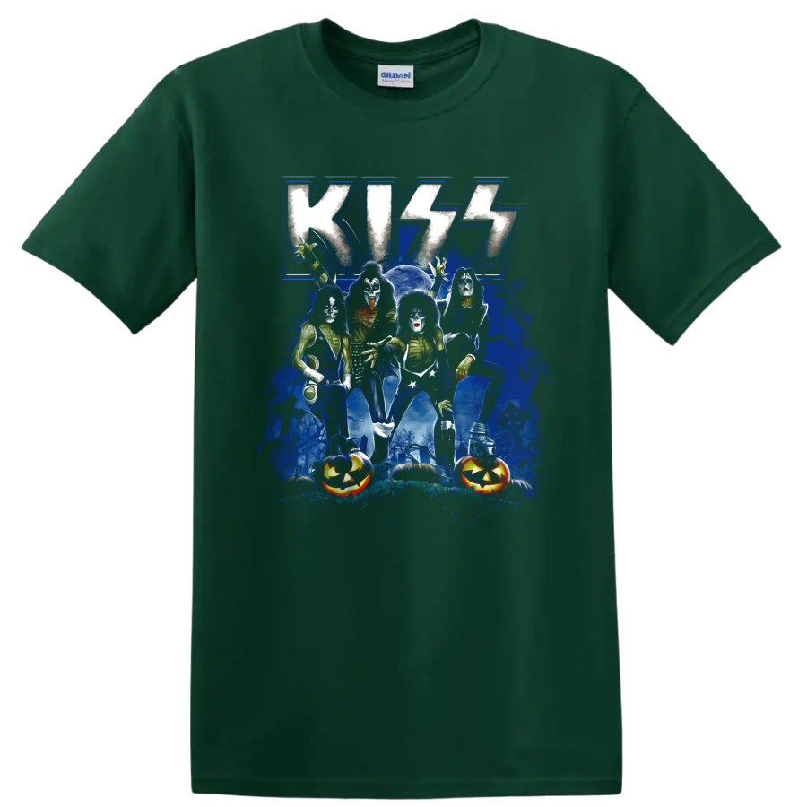 KISS band makeup graphic with graveyard, bats, moon, and jack-o-lanterns on a Forest Green T Shirt