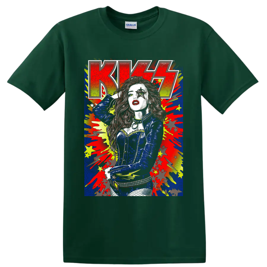KISS concert poster-style graphic with star-painted performer, splatters, stars, and on a Forest Green T Shirt