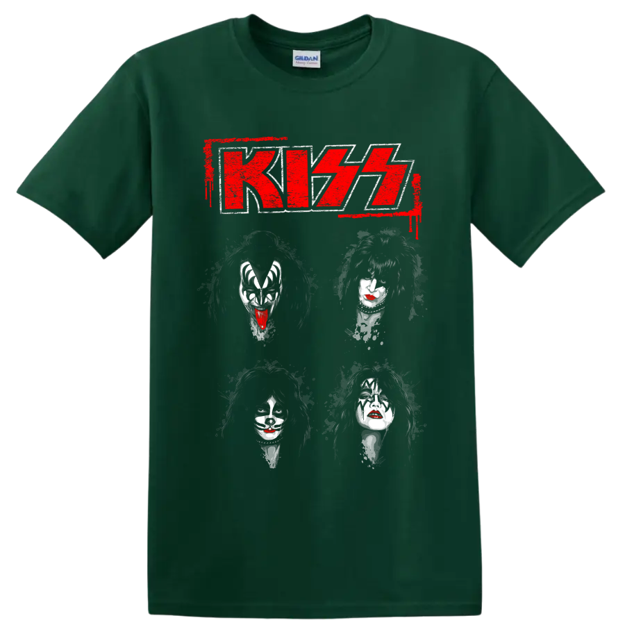 KISS logo with distressed portraits of the four original members on a Forest Green T Shirt