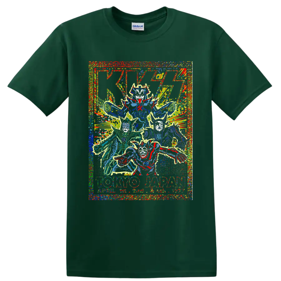 KISS Tokyo Japan concert poster graphic with stylized band figures and lightning on a Forest Green T Shirt