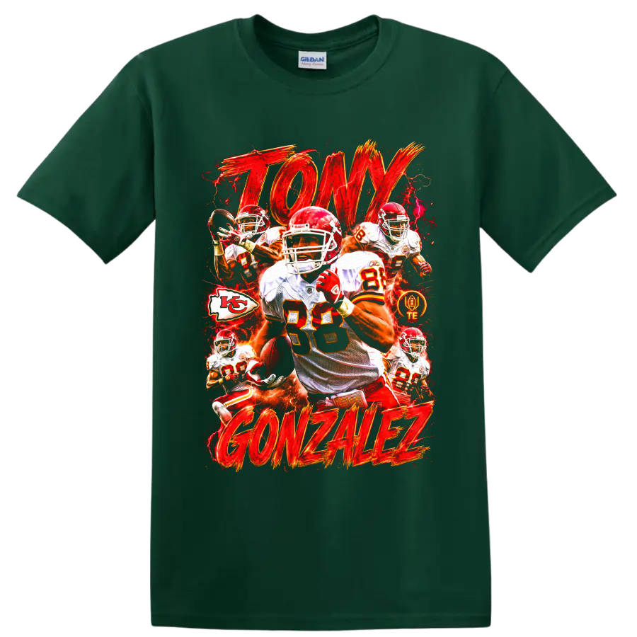 Tony Gonzalez Kansas City Chiefs tight end action collage with fiery red gold lettering on a Forest Green T Shirt