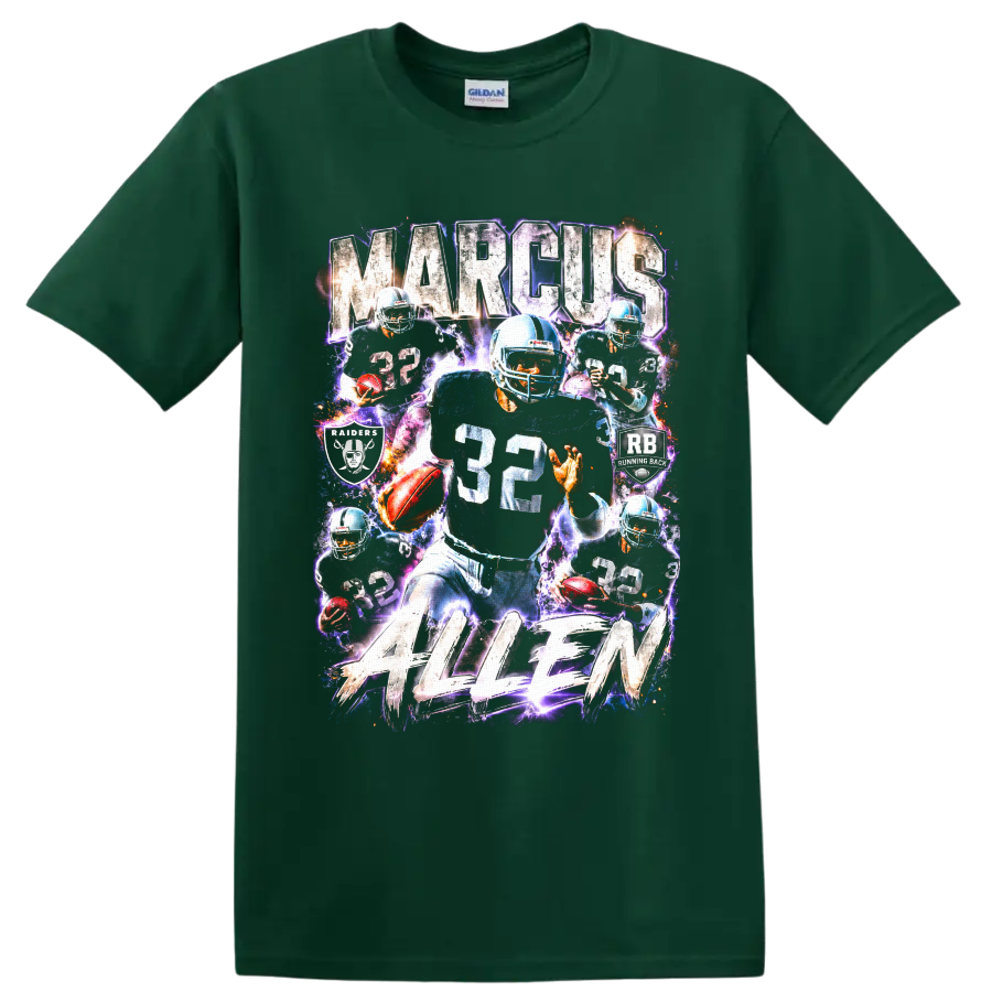Marcus Allen Los Angeles Raiders number 32 running back electric collage graphic on a Forest Green T Shirt