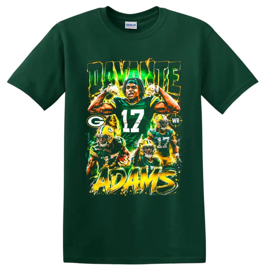 Davante Adams Packers number 17 football collage with electric green and gold ADAMS text on a Forest Green T Shirt