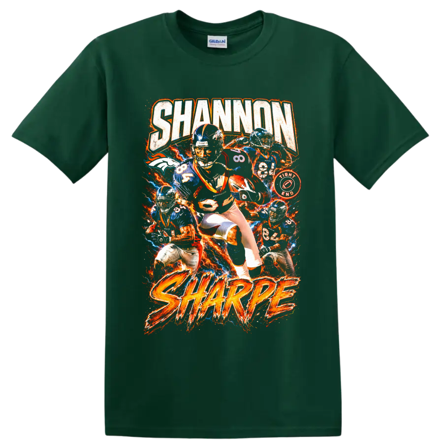 Shannon Sharpe Denver Broncos number 84 fiery vintage football collage graphic on a Forest Green T Shirt