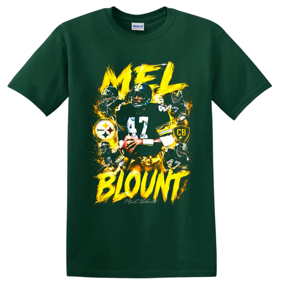 Mel Blount No. 47 Steelers action collage with gold brushstroke lettering on a Forest Green T Shirt