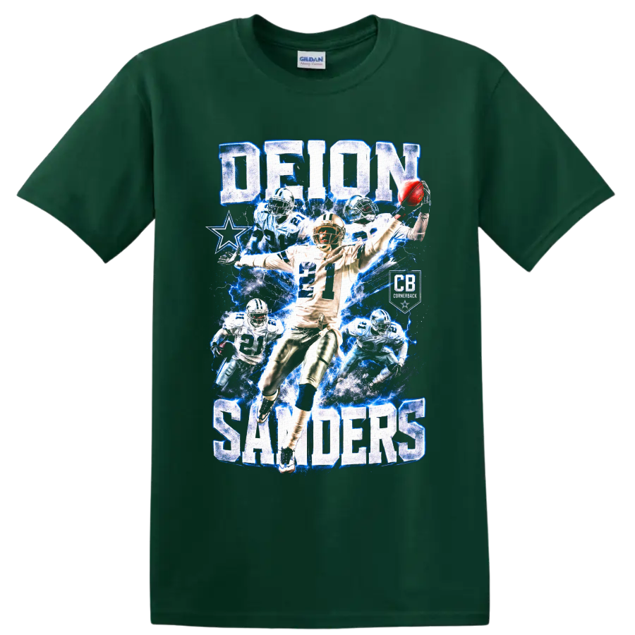 Deion Sanders Dallas Cowboys number 21 cornerback collage with blue lightning and star on a Forest Green T Shirt