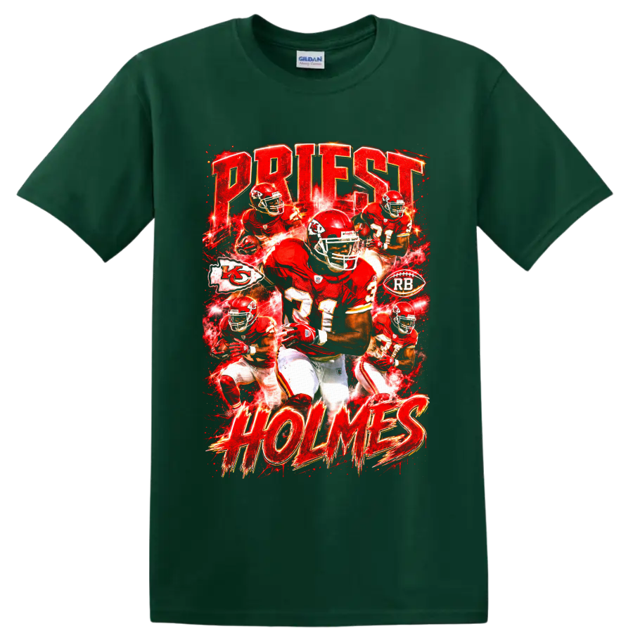 Priest Holmes Kansas City Chiefs running back action collage with PRIEST HOLMES lettering on a Forest Green T Shirt