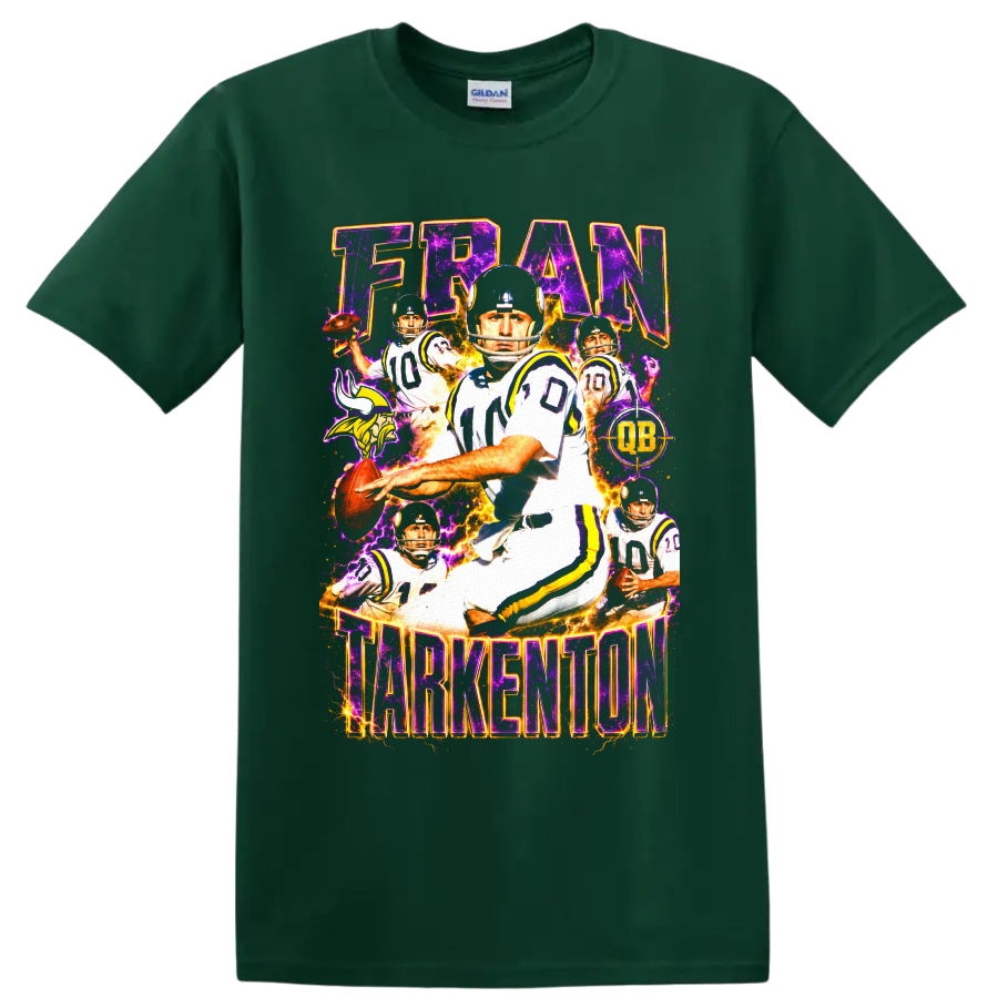 Fran Tarkenton Vikings quarterback collage with purple lightning and FRAN TARKENTON text on a Forest Green T Shirt