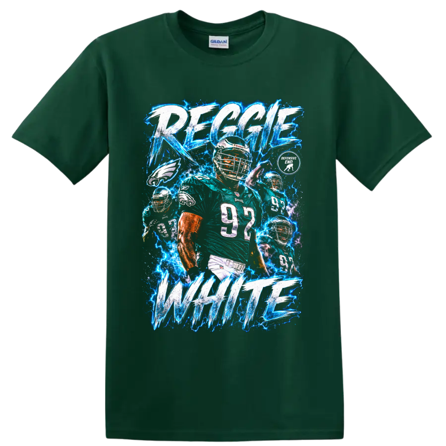 Reggie White Eagles number 92 football collage with electric lightning and bold lettering on a Forest Green T Shirt