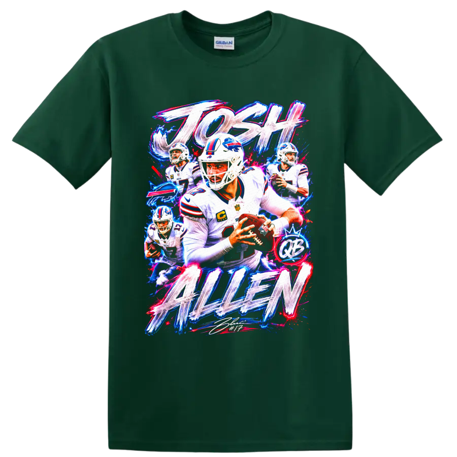 Josh Allen Buffalo Bills quarterback neon action collage with JOSH ALLEN lettering on a Forest Green T Shirt