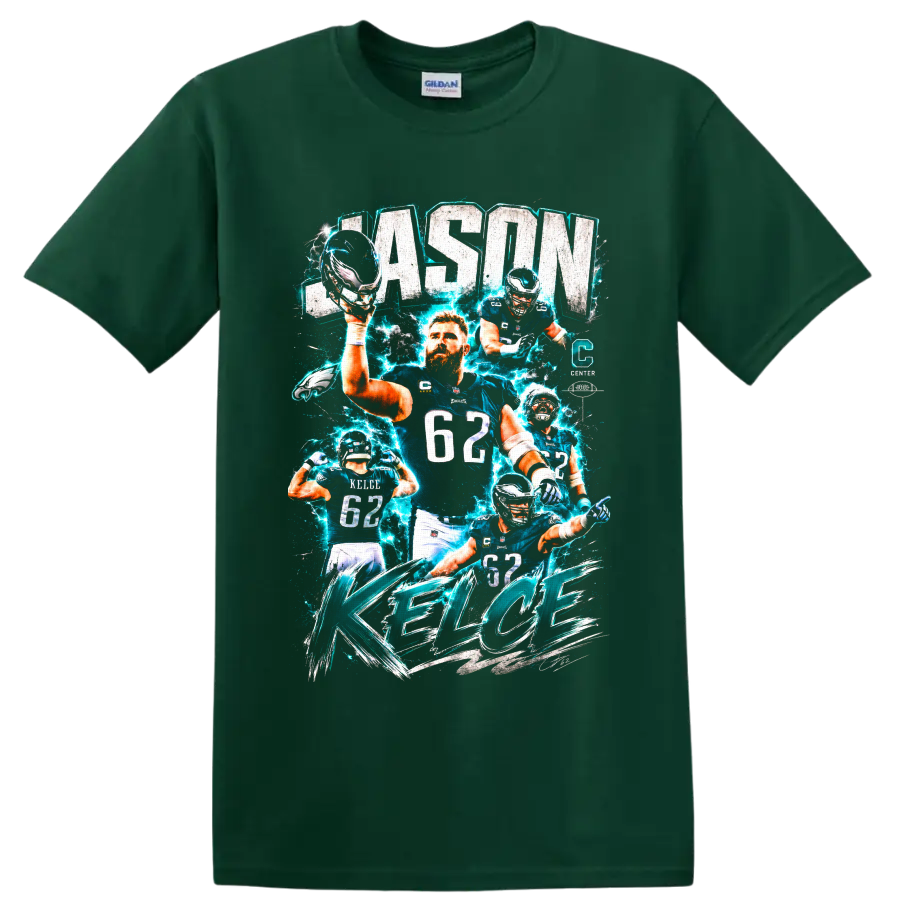 Jason Kelce Eagles center collage with electric teal effects and KELCE lettering on a Forest Green T Shirt