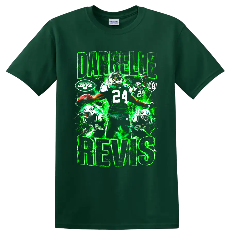 Darrelle Revis New York Jets number 24 football collage with green lightning on a Forest Green T Shirt