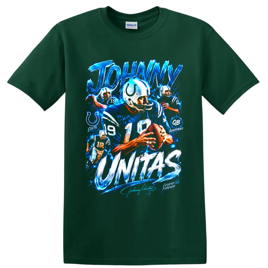Johnny Unitas Baltimore Colts number 19 quarterback collage with electric blue lettering on a Forest Green T Shirt