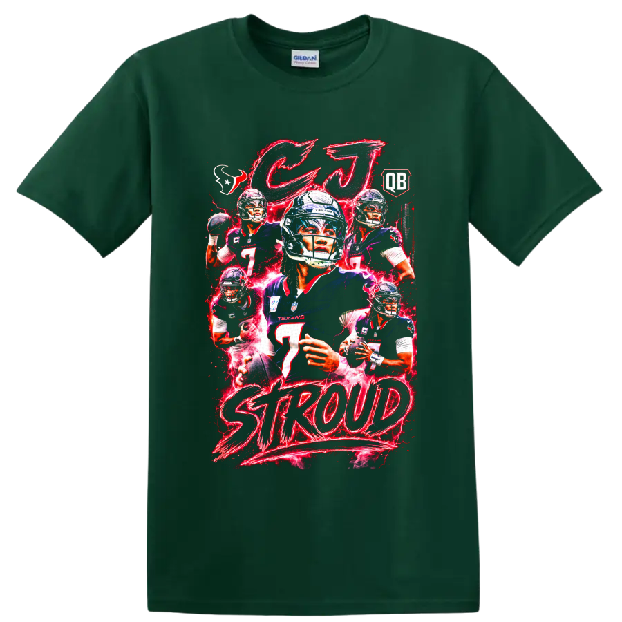 C.J. Stroud Houston Texans football collage with red neon effects and STR0UD text on a Forest Green T Shirt