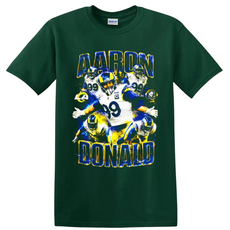 Aaron Donald Los Angeles Rams number 99 football collage with electric lettering on a Forest Green T Shirt