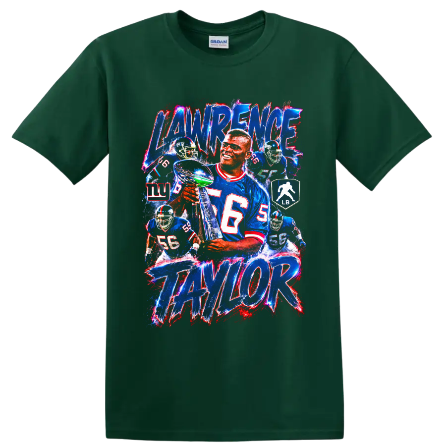 Lawrence Taylor New York Giants retro collage with trophy, action poses, and bold on a Forest Green T Shirt