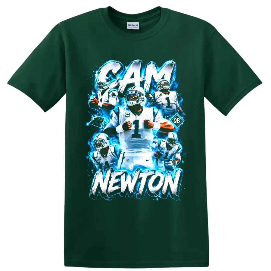 Cam Newton Panthers football collage with electric blue effects and CAM NEWTON text on a Forest Green T Shirt