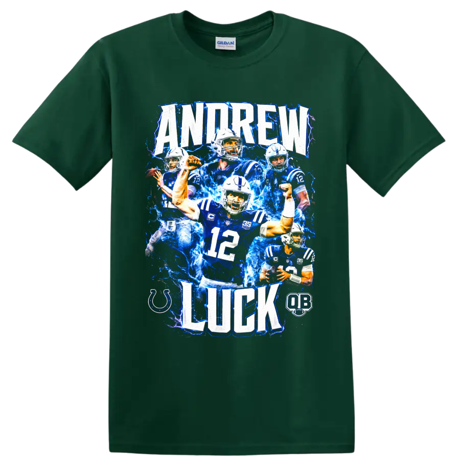 Andrew Luck Colts quarterback collage with number 12 and electric-blue lightning on a Forest Green T Shirt