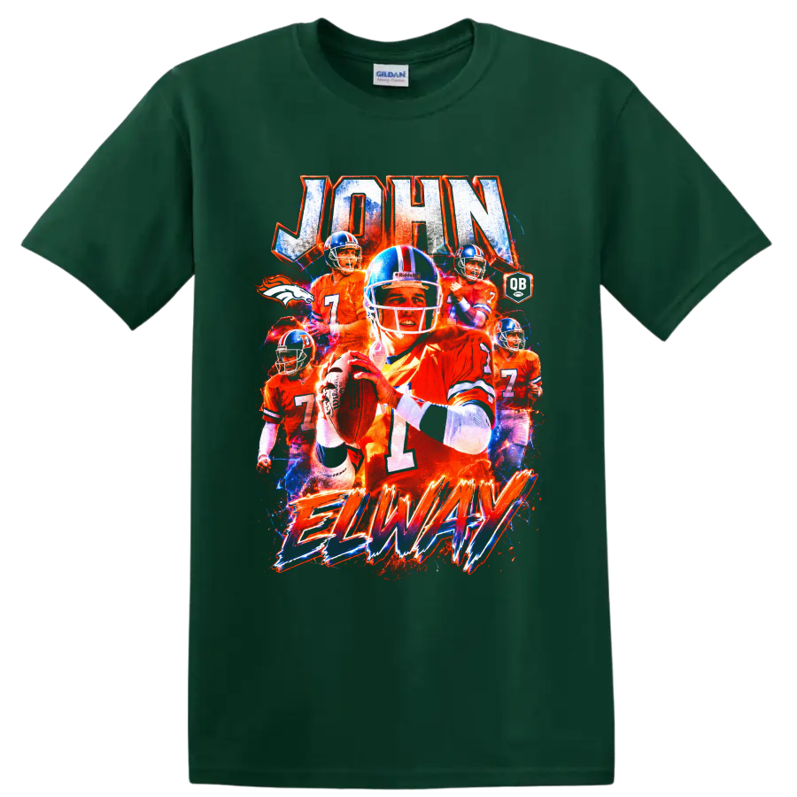 John Elway Denver Broncos quarterback collage with distressed JOHN and ELWAY lettering on a Forest Green T Shirt