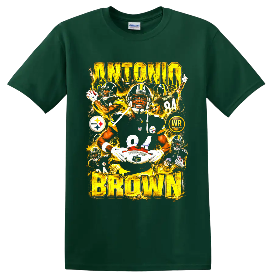 Antonio Brown Pittsburgh Steelers number 84 wide receiver action collage lettering on a Forest Green T Shirt