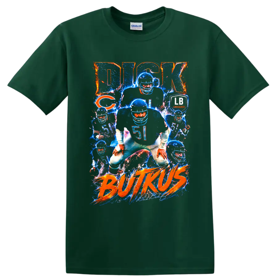 Dick Butkus Chicago Bears No. 51 electric football collage with BUTKUS lettering on a Forest Green T Shirt