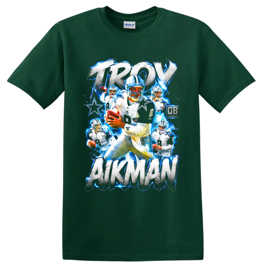 Troy Aikman Dallas Cowboys number 8 football collage with distressed lettering and stars on a Forest Green T Shirt