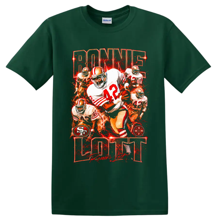 Ronnie Lott 49ers number 42 football collage with fiery red vintage graphic style on a Forest Green T Shirt