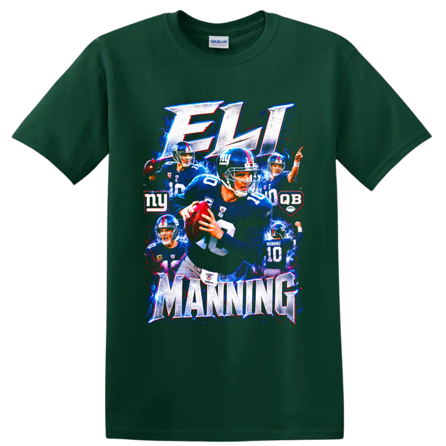 Eli Manning New York Giants quarterback collage with ELI and MANNING lettering on a Forest Green T Shirt