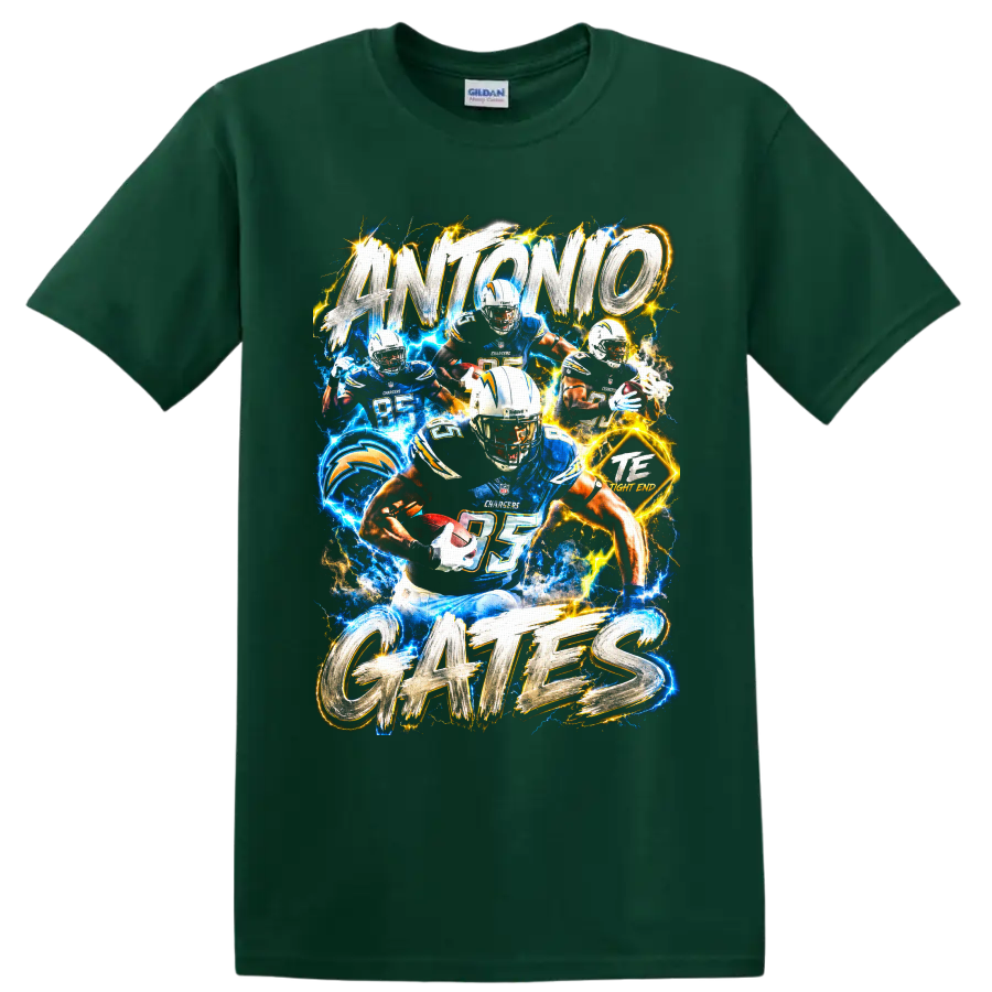 Antonio Gates Los Angeles Chargers tight end collage with electric lightning and bold on a Forest Green T Shirt