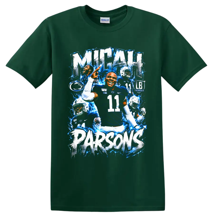 Micah Parsons Penn State linebacker collage with number 11 and electric blue lightning on a Forest Green T Shirt