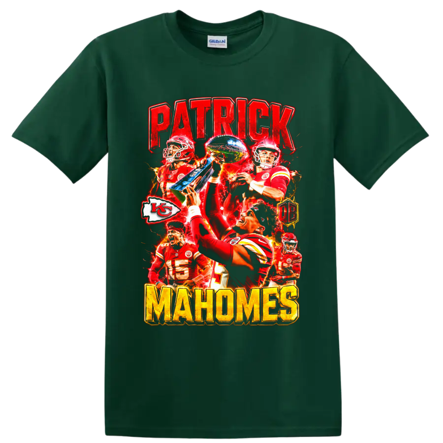 Patrick Mahomes Chiefs trophy football collage with PATRICK and MAHOMES lettering on a Forest Green T Shirt