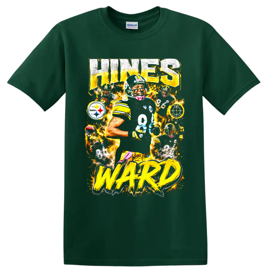 Hines Ward Steelers No. 86 action collage with gold lightning and bold Hines Ward on a Forest Green T Shirt