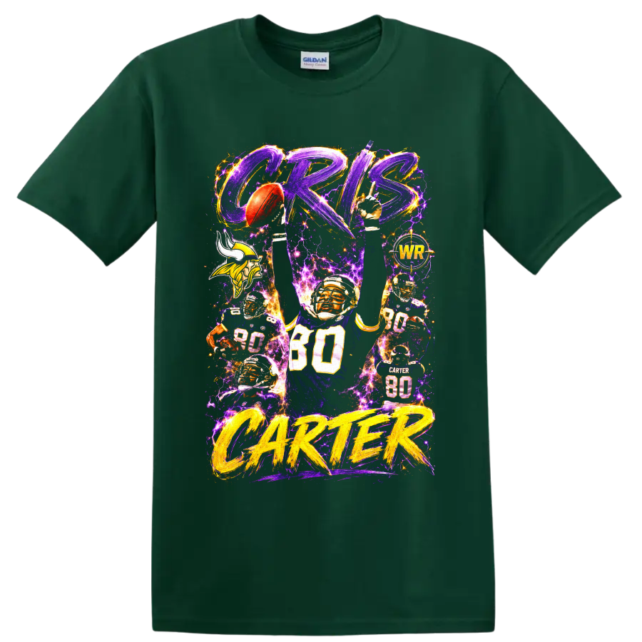 Cris Carter Vikings number 80 football collage with purple lightning and gold lettering on a Forest Green T Shirt