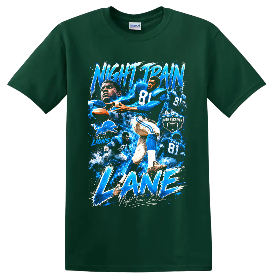 Dick Night Train Lane Detroit Lions football action collage with electric blue lettering on a Forest Green T Shirt