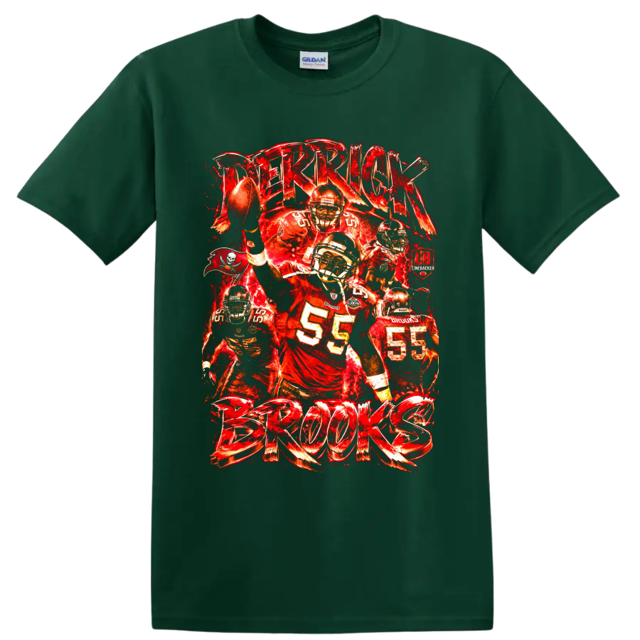 Derrick Brooks number 55 Tampa Bay Buccaneers linebacker collage with bold Brooks on a Forest Green T Shirt
