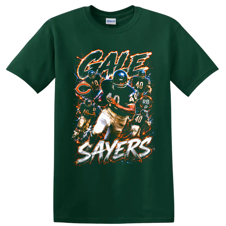 Gale Sayers Chicago Bears No. 40 football action collage with electric fiery effects on a Forest Green T Shirt