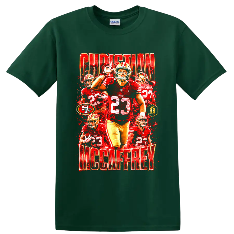 Christian McCaffrey 49ers number 23 football collage with red lightning and player on a Forest Green T Shirt