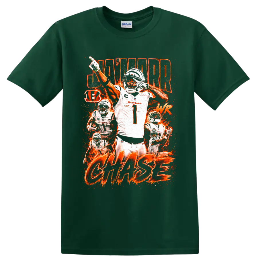 Ja'Marr Chase Bengals number 1 action collage with fiery orange lightning and CHASE text on a Forest Green T Shirt