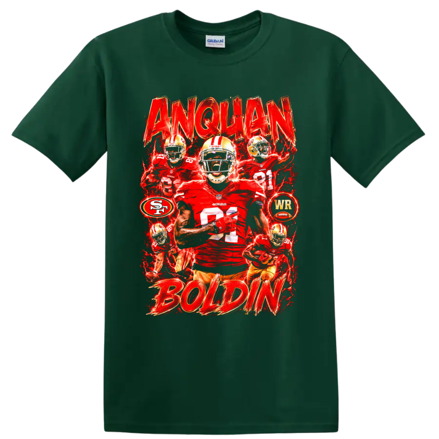 Anquan Boldin 49ers wide receiver action collage with distressed ANQUAN BOLDIN text on a Forest Green T Shirt