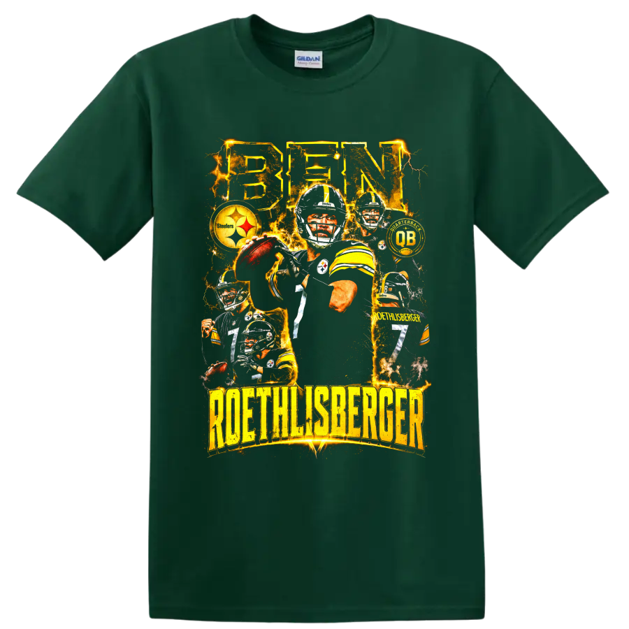 Ben Roethlisberger Pittsburgh Steelers number 7 lightning football collage on a Forest Green T Shirt