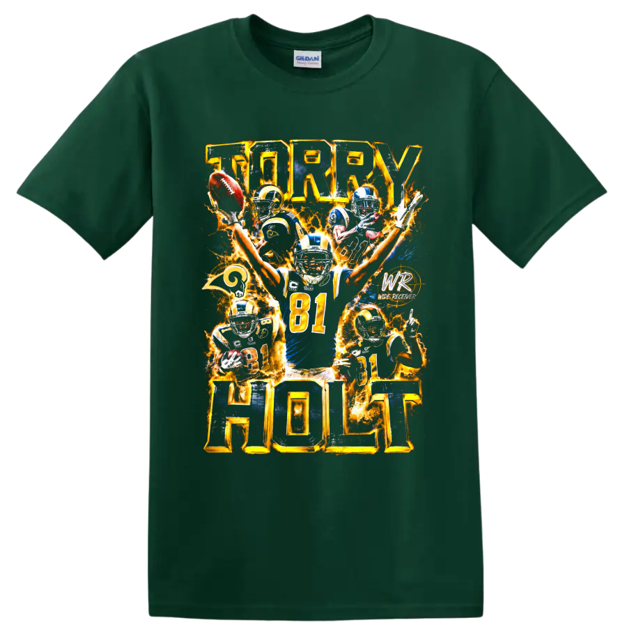 Torry Holt St. Louis Rams number 81 fiery football action collage on a Forest Green T Shirt