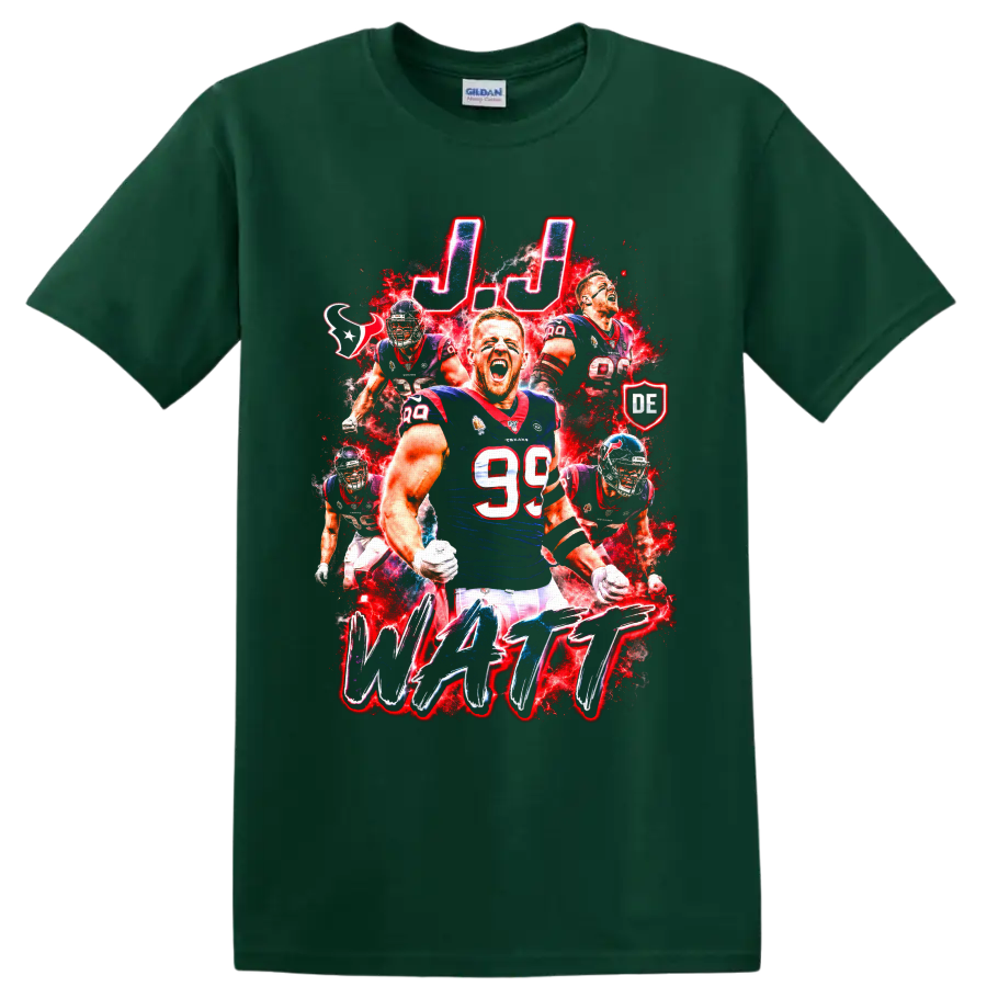 J.J. Watt Houston Texans number 99 football action collage with J.J. and WATT text on a Forest Green T Shirt